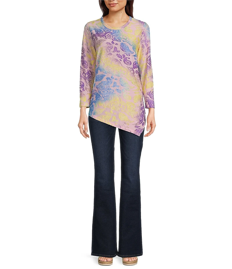 Calessa Burnout Tie-Dye Crew Neck 3/4 Sleeve Asymmetrical Hem Tunic