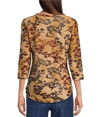Calessa Burnout Tie-Dye Crew Neck 3/4 Sleeve Top