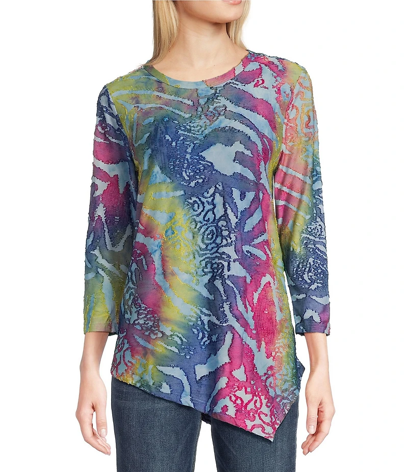 Calessa Burnout Tie Dye Crew Neck 3/4 Sleeve Tunic