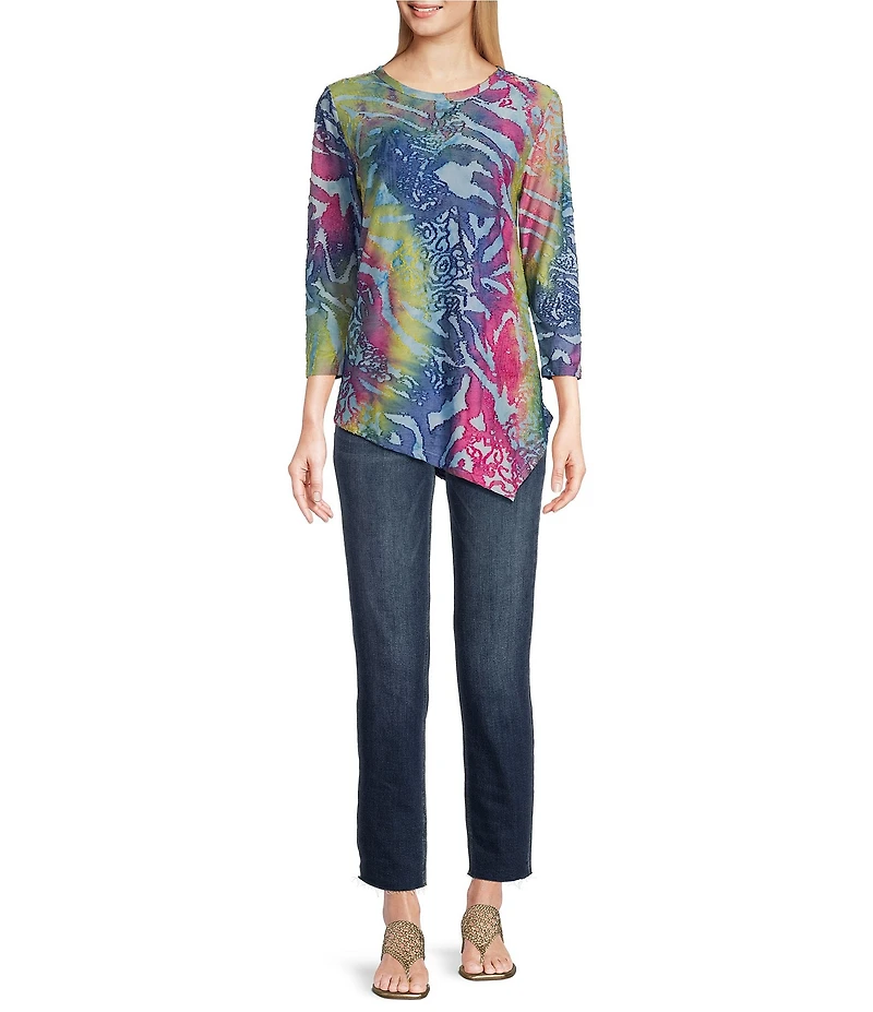Calessa Burnout Tie Dye Crew Neck 3/4 Sleeve Tunic