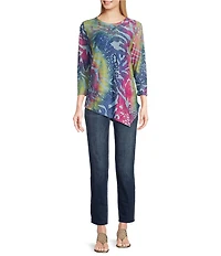 Calessa Burnout Tie Dye Crew Neck 3/4 Sleeve Tunic