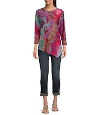 Calessa Burnout Tie-Dye Crew Neck Bracelet Sleeve Asymmetric Hem Tunic