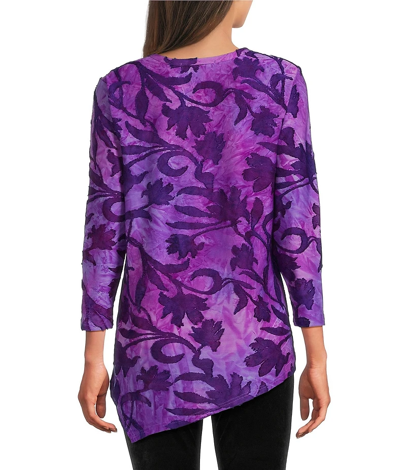 Calessa Burnout Tie-Dye Crew Neck Long Sleeve Asymmetric Dipped Hem Tunic