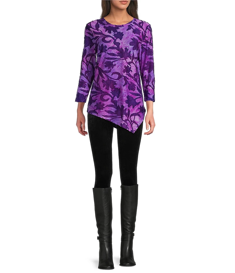 Calessa Burnout Tie-Dye Crew Neck Long Sleeve Asymmetric Dipped Hem Tunic