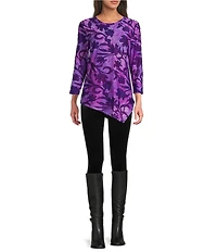 Calessa Burnout Tie-Dye Crew Neck Long Sleeve Asymmetric Dipped Hem Tunic