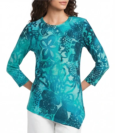 Calessa Burnout Tie-Dye Crew Neck 3/4 Sleeve Asymmetric Tunic