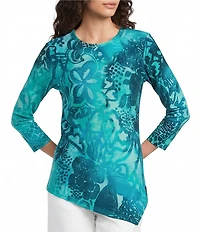 Calessa Burnout Tie-Dye Crew Neck 3/4 Sleeve Asymmetric Tunic