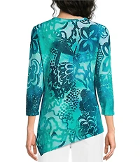 Calessa Burnout Tie-Dye Crew Neck 3/4 Sleeve Asymmetric Tunic