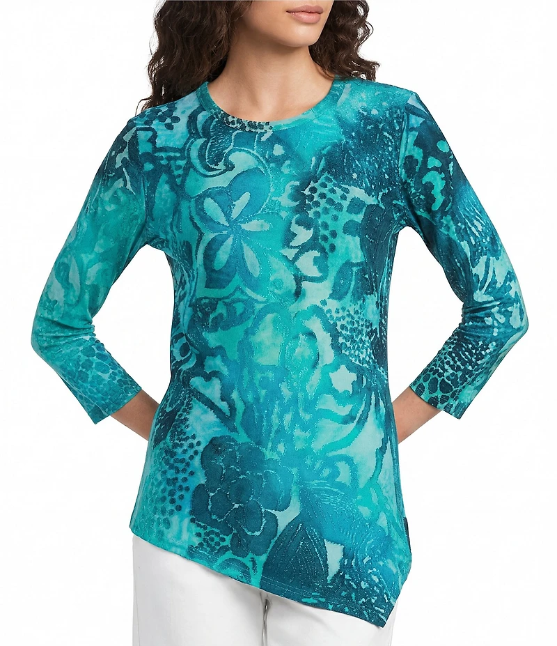 Calessa Petite Size Burnout Tie-Dye Crew Neck Short Sleeve Asymmetric Tunic