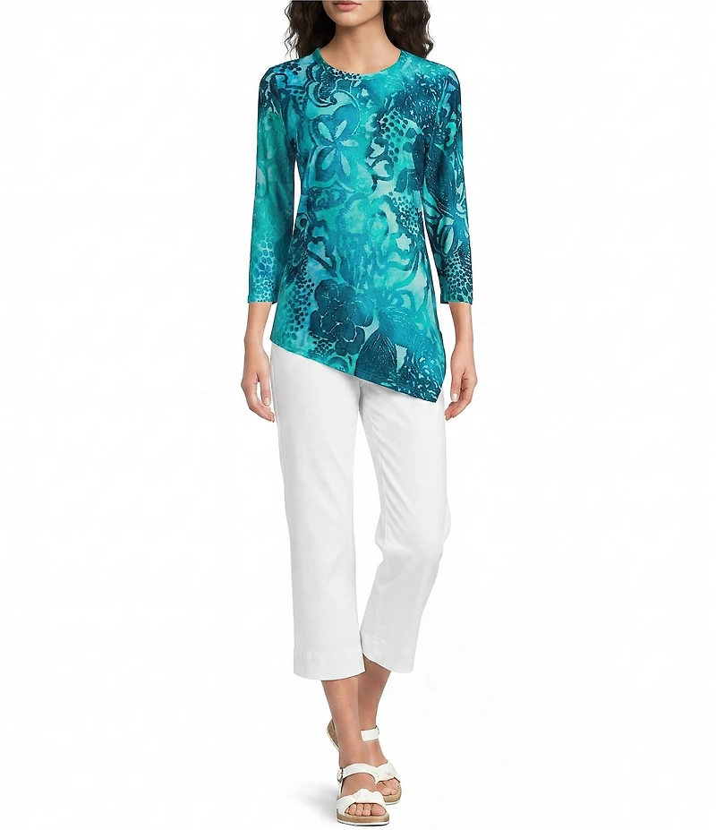 Calessa Petite Size Burnout Tie-Dye Crew Neck Short Sleeve Asymmetric Tunic