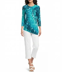 Calessa Petite Size Burnout Tie-Dye Crew Neck Short Sleeve Asymmetric Tunic