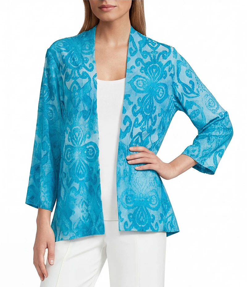 Calessa Burnout Tie-Dye Drape Collar Wrist Length Sleeve Open Front Cardigan