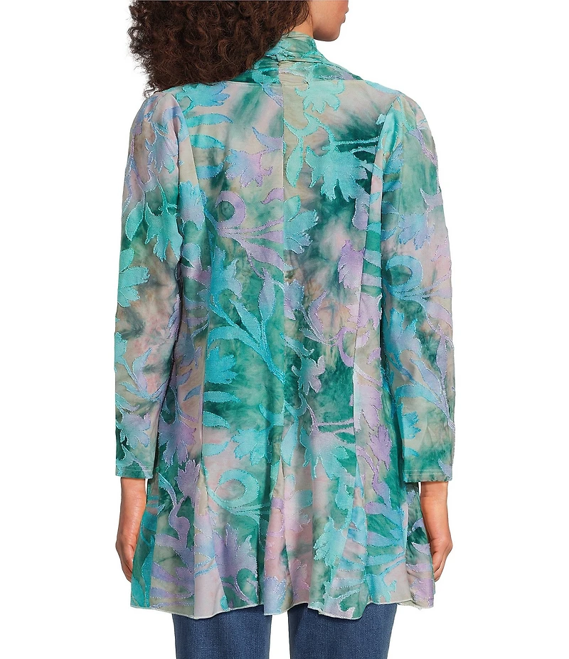 Calessa Burnout Tie-Dye Drape Front Bracelet Length Sleeve Open Front Cardigan