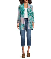 Calessa Burnout Tie-Dye Drape Front Bracelet Length Sleeve Open Front Cardigan