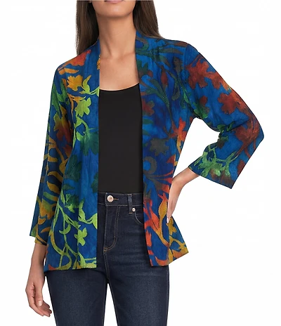 Calessa Burnout Tie-Dye Draped Collar Wrist Length Sleeve Open Front Cardigan