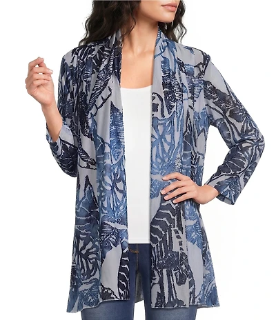 Calessa Burnout Tie-Dye Draped Open Front Wrist Length Sleeve Cardigan