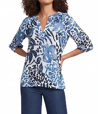 Calessa Burnout Tie-Dye Floral Round Neck Elbow Length Balloon Sleeve Tunic