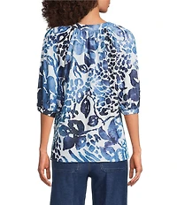 Calessa Burnout Tie-Dye Floral Round Neck Elbow Length Balloon Sleeve Tunic