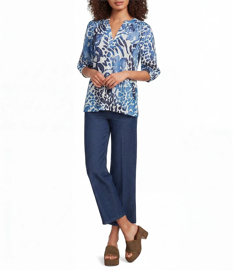 Calessa Burnout Tie-Dye Floral Round Neck Elbow Length Balloon Sleeve Tunic