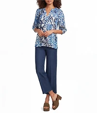 Calessa Burnout Tie-Dye Floral Round Neck Elbow Length Balloon Sleeve Tunic