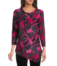 Calessa Burnout Tie-Dye Knit Crew Neck Long Sleeve Asymmetric Dipped Hem Top