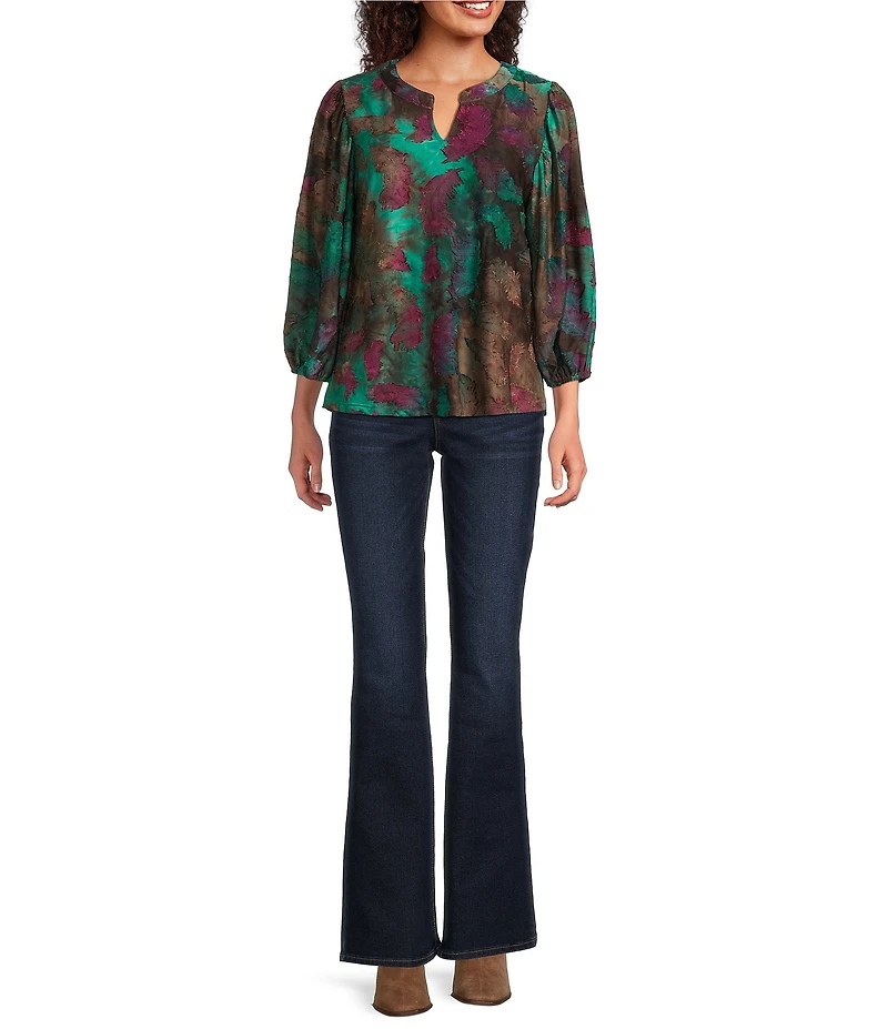 Calessa Burnout Tie Dye Knit Split V-Neck Bracelet Sleeve Top