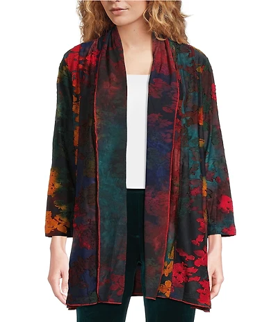 Calessa Burnout Tie-Dye Bracelet Length Sleeve Drape Open Front Cardigan