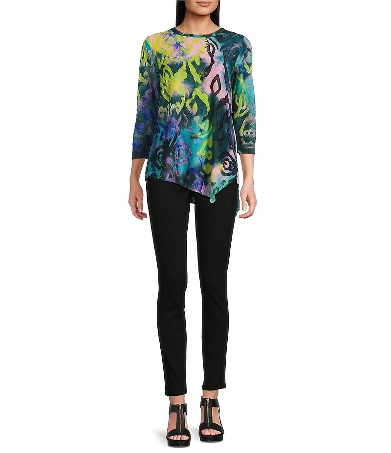 Calessa Burnout Tie-Dye Printed Stretch Crew Neck 3/4 Sleeve Asymmetric Hem Tunic
