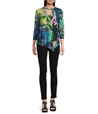 Calessa Burnout Tie-Dye Printed Stretch Crew Neck 3/4 Sleeve Asymmetric Hem Tunic