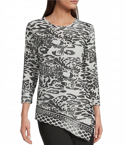 Calessa Burnout Tie-Dye Round Neck 3/4 Sleeve Asymmetrical Hem Tunic