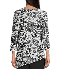 Calessa Burnout Tie-Dye Round Neck 3/4 Sleeve Asymmetrical Hem Tunic