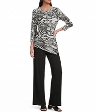 Calessa Burnout Tie-Dye Round Neck 3/4 Sleeve Asymmetrical Hem Tunic