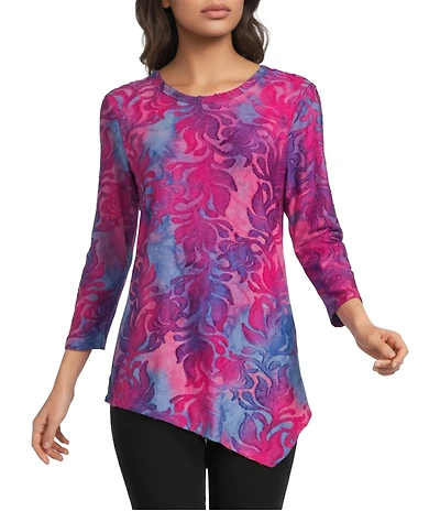 Calessa Burnout Tie-Dye Round Neck 3/4 Sleeve Tunic