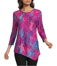 Calessa Burnout Tie-Dye Round Neck 3/4 Sleeve Tunic
