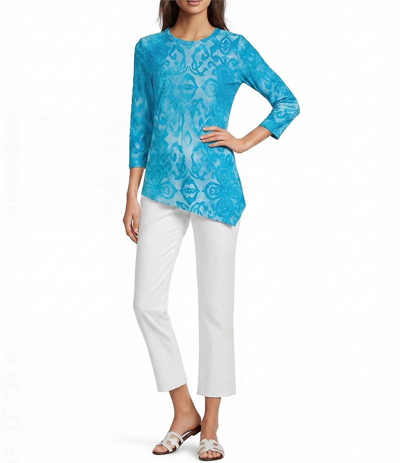 Calessa Burnout Tie-Dye Round Neck 3/4 Sleeve Tunic