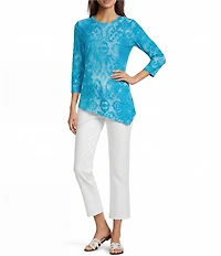 Calessa Burnout Tie-Dye Round Neck 3/4 Sleeve Tunic