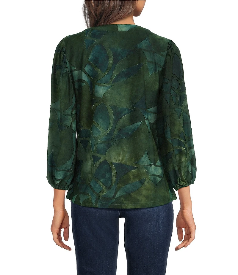 Calessa Burnout Tie-Dye Split V-Neck Long Sleeve Tunic