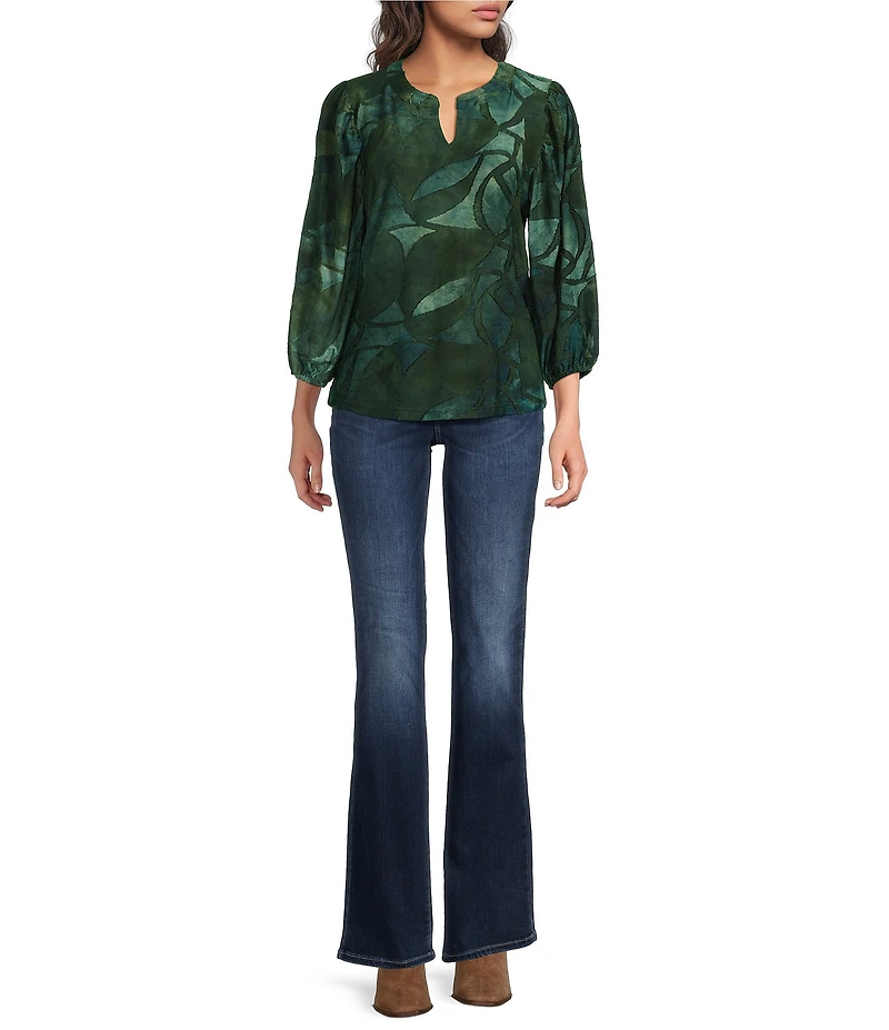 Calessa Burnout Tie-Dye Split V-Neck Long Sleeve Tunic