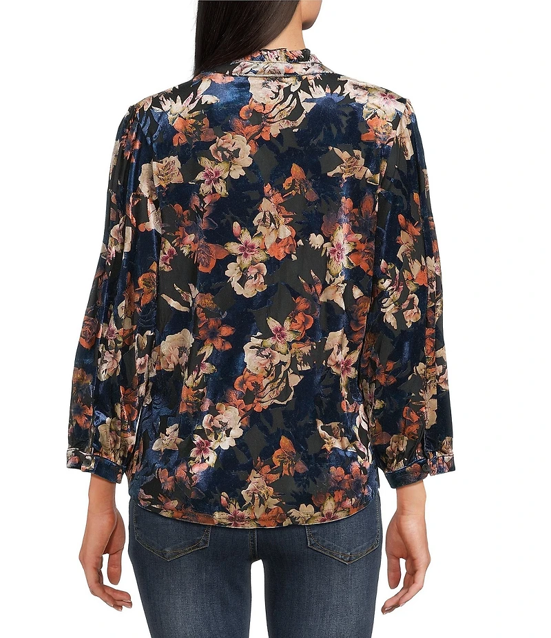 Calessa Burnout Velvet Knit Floral Split V-Neck Long Sleeve Button Front Tunic
