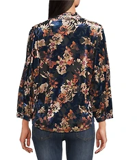 Calessa Burnout Velvet Knit Floral Split V-Neck Long Sleeve Button Front Tunic