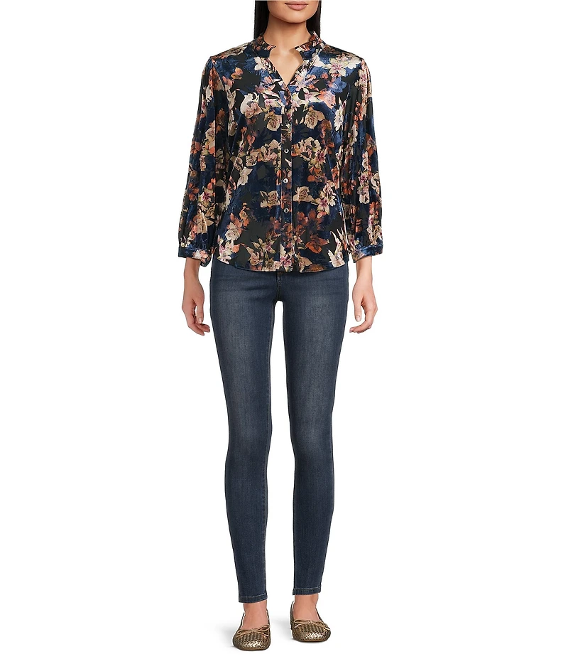 Calessa Burnout Velvet Knit Floral Split V-Neck Long Sleeve Button Front Tunic