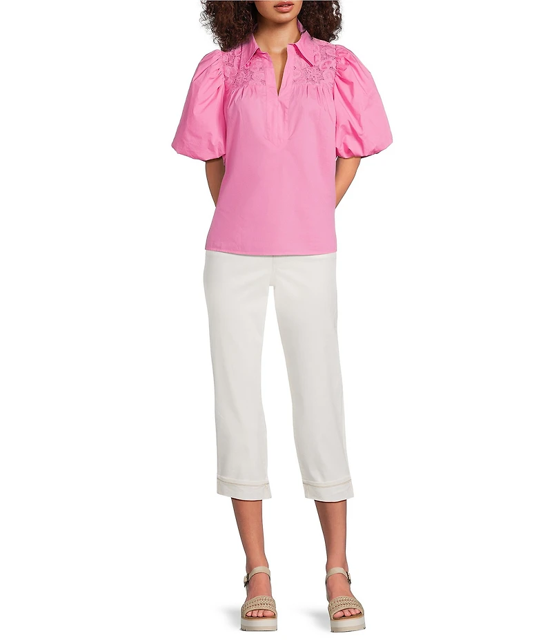 Calessa Collared Elbow Balloon Sleeve Lace Yoke Tunic