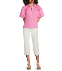 Calessa Collared Elbow Balloon Sleeve Lace Yoke Tunic