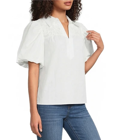 Calessa Collared Split V-Neck Lace Inset Yoke Short Puff Balloon Sleeve Top