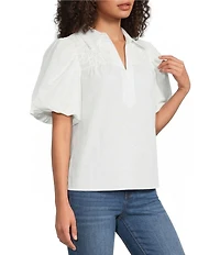 Calessa Collared Split V-Neck Lace Inset Yoke Short Puff Balloon Sleeve Top