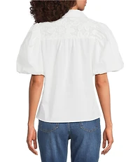 Calessa Collared Split V-Neck Lace Inset Yoke Short Puff Balloon Sleeve Top