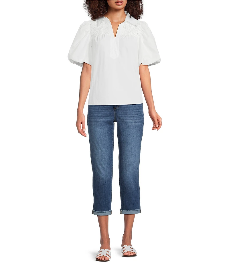 Calessa Collared Split V-Neck Lace Inset Yoke Short Puff Balloon Sleeve Top