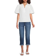 Calessa Collared Split V-Neck Lace Inset Yoke Short Puff Balloon Sleeve Top