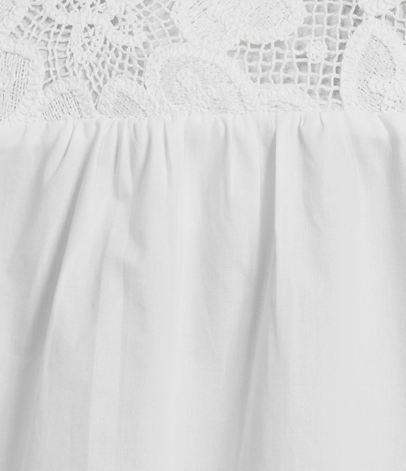 Calessa Collared Split V-Neck Lace Inset Yoke Short Puff Balloon Sleeve Top