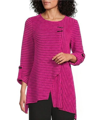 Calessa Coordinating Textured Knit Stripe Round Neck Short Sleeve Asymmetric Tunic